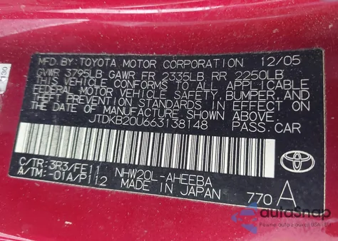 2006 Toyota Prius z USA, uszkodzony, nr VIN JTDKB20U663138148